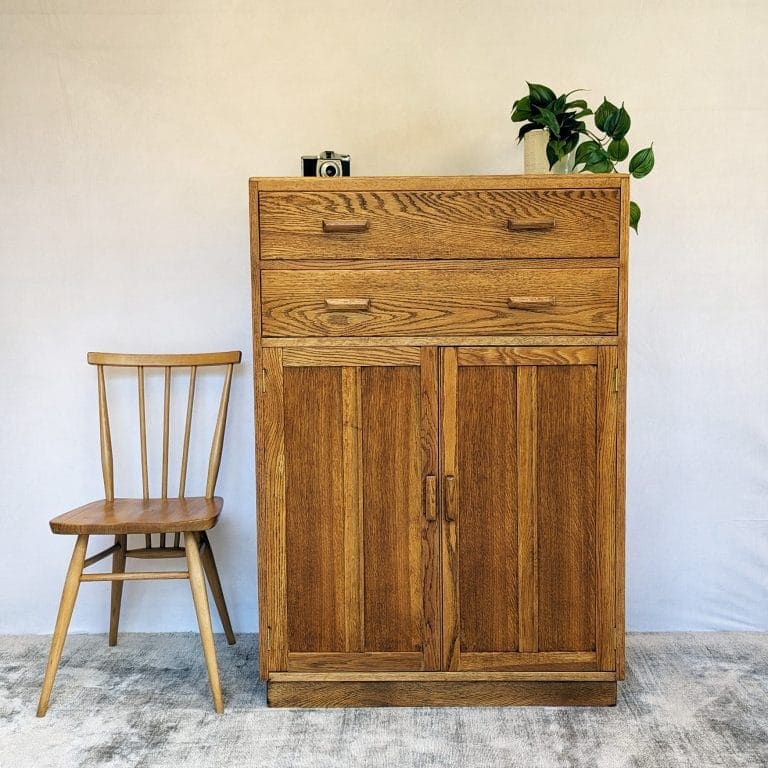 Mid Century Vintage Oak Tallboy Storage Cupboard