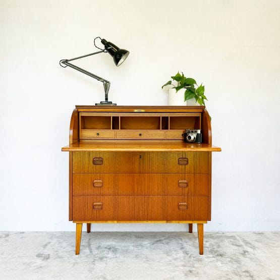 Mid Century Swedish Teak Roll Top Bureau by Egon Østergaard for Svensk Mobelindustri