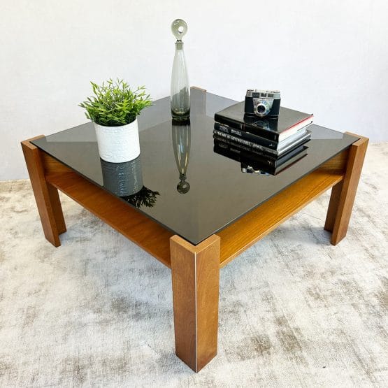 Danish Modern Smoked Glass Square Coffee Table by Mobelintarsia