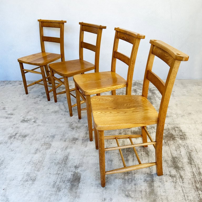 Set of 4 Vintage Oak Chapel School Chairs