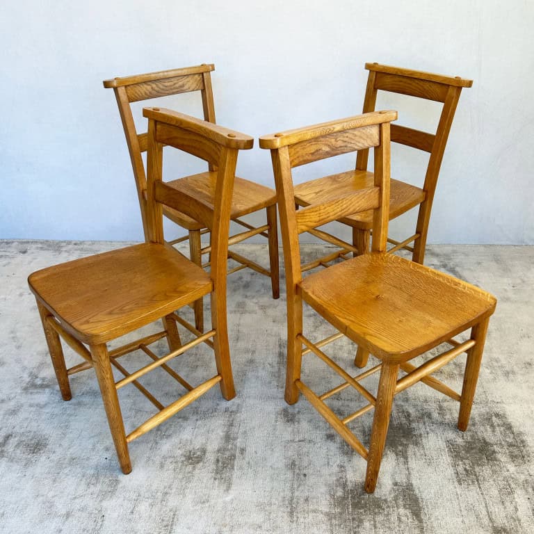 Set of 4 Vintage Oak Chapel School Chairs