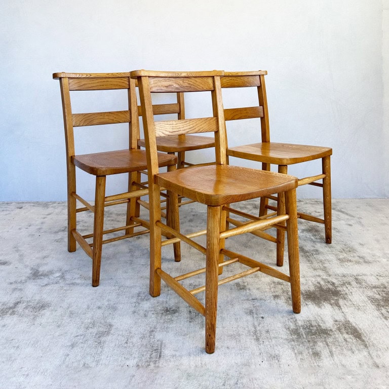 Set of 4 Vintage Oak Chapel School Chairs