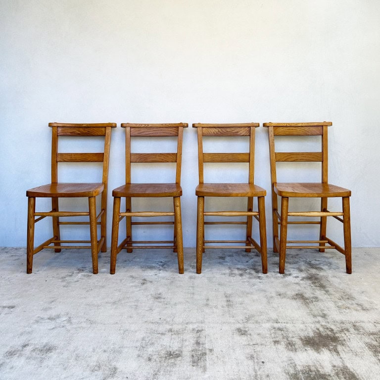 Set of 4 Vintage Oak Chapel School Chairs