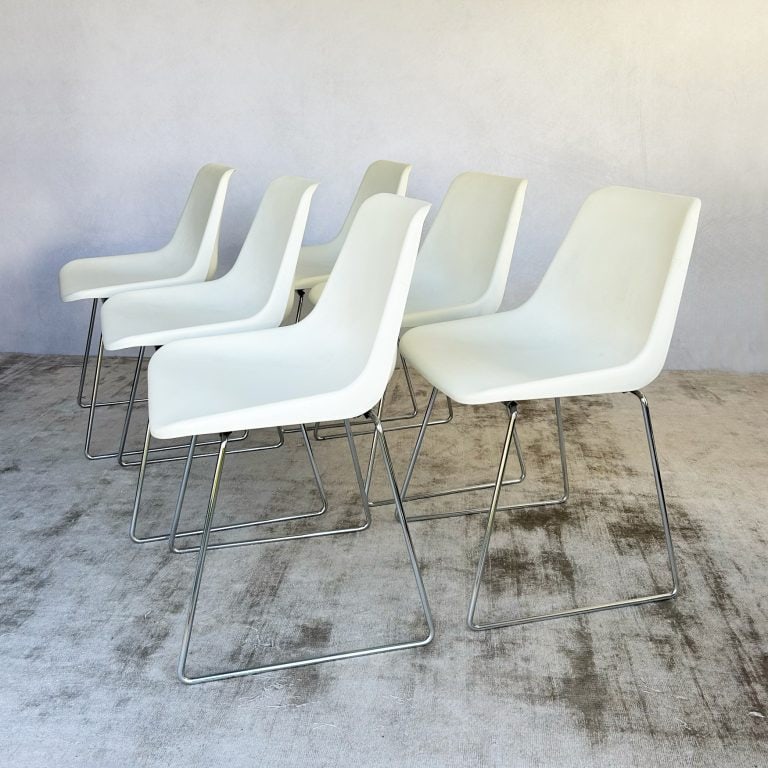 Set of Six Robin Day for Hille White Polypropylene Chairs with Chrome Sled Bases