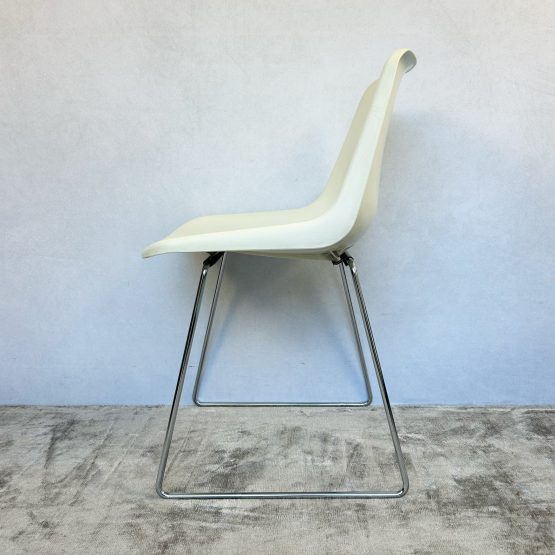 Set of Six Robin Day for Hille White Polypropylene Chairs with Chrome Sled Bases