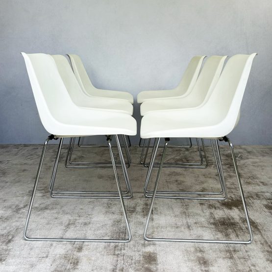 Set of Six Robin Day for Hille White Polypropylene Chairs with Chrome Sled Bases