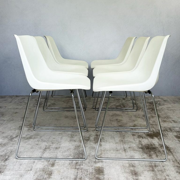 Set of Six Robin Day for Hille White Polypropylene Chairs with Chrome Sled Bases
