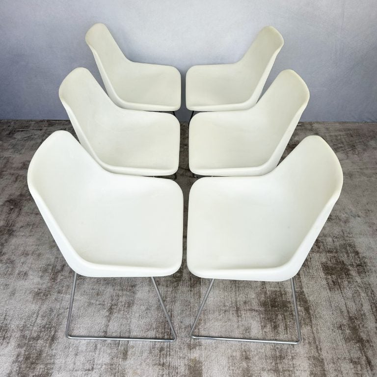 Set of Six Robin Day for Hille White Polypropylene Chairs with Chrome Sled Bases