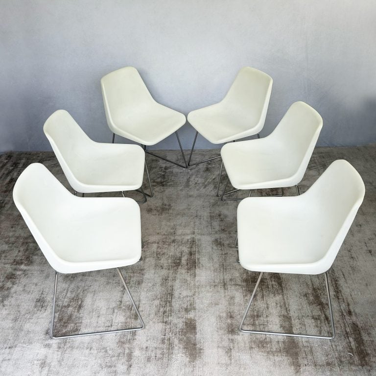 Set of Six Robin Day for Hille White Polypropylene Chairs with Chrome Sled Bases