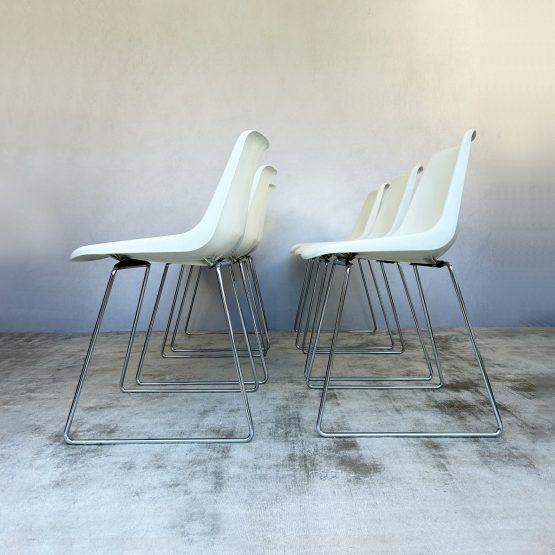 Set of Six Robin Day for Hille White Polypropylene Chairs with Chrome Sled Bases