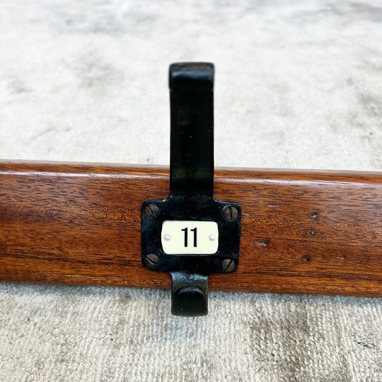 Vintage Coat Rack with Six Numbered Iron Coat Hooks
