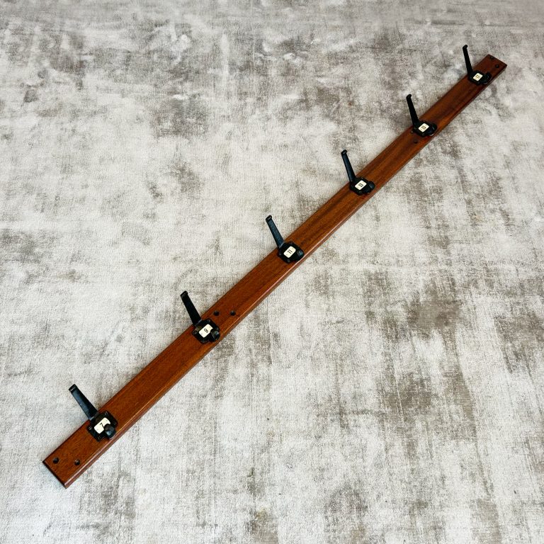 Vintage Coat Rack with Six Numbered Iron Coat Hooks