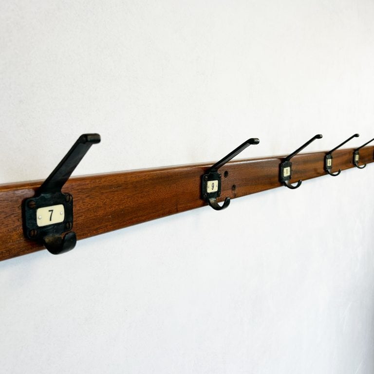 Vintage Coat Rack with Six Numbered Iron Coat Hooks