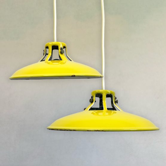 Pair of Vintage Enamel Yellow Coolie Shade Light Shades