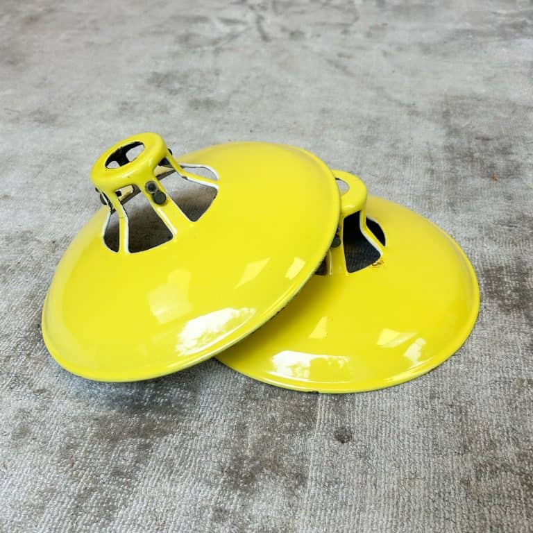 Pair of Vintage Enamel Yellow Coolie Shade Light Shades