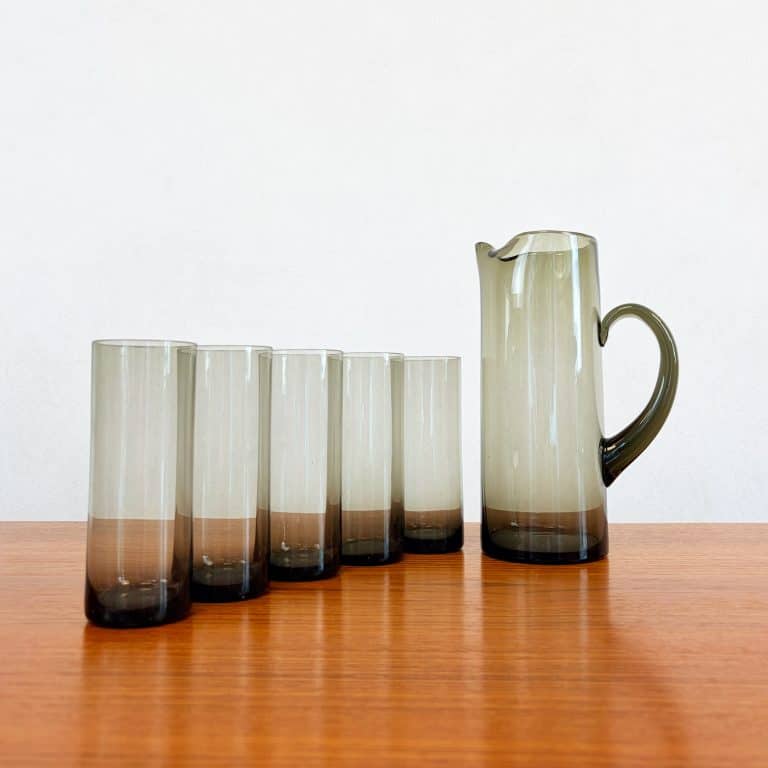 Mid Century Smoked Glass Pitcher Jug & Glasses