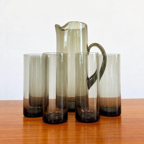 Mid Century Smoked Glass Pitcher Jug & Glasses