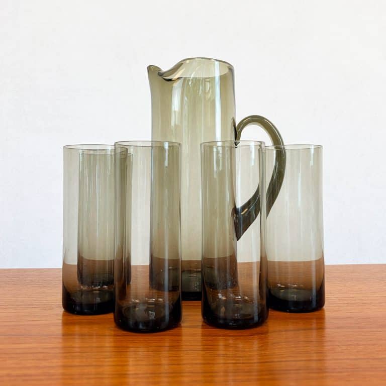 Mid Century Smoked Glass Pitcher Jug & Glasses