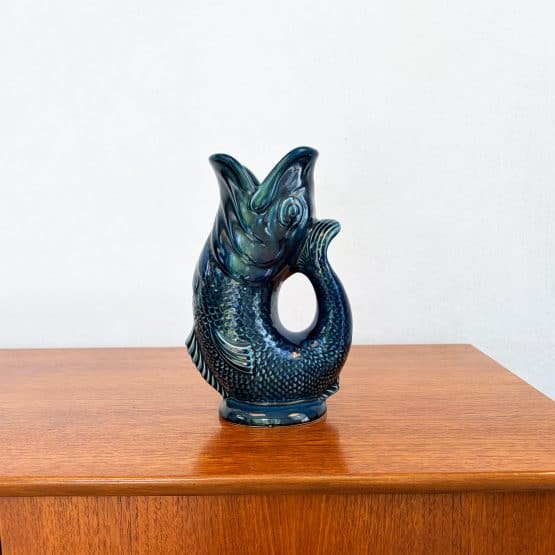 Vintage Petrol Blue Dartmouth Pottery Fish Gurgle Jug c.1960s